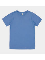 A plain blue youth short sleeve t-shirt with a ribbed crew neckline and a white brand tag.