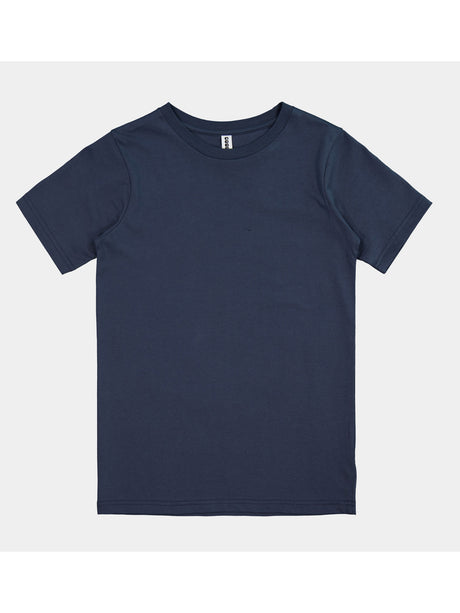 A navy blue youth short sleeve cotton t-shirt with a ribbed crew neckline.