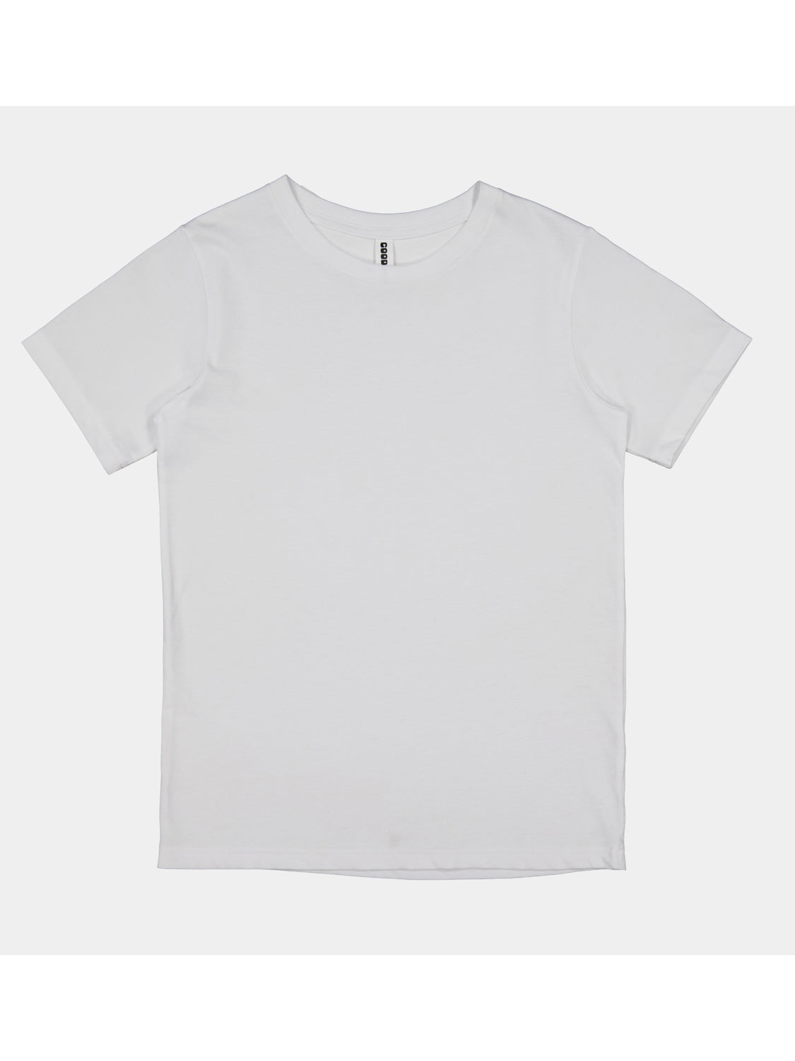 A plain white youth short sleeve t-shirt with a ribbed crew neckline and a classic fit.