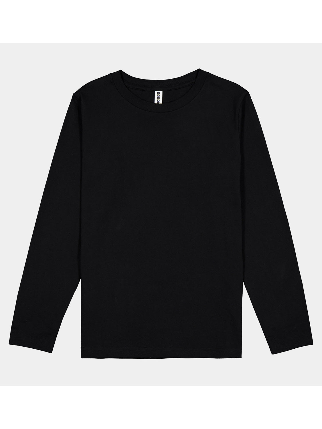 A plain black long-sleeve cotton t-shirt for kids with a ribbed crew neckline.