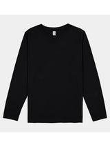 A plain black long-sleeve cotton t-shirt for kids with a ribbed crew neckline.