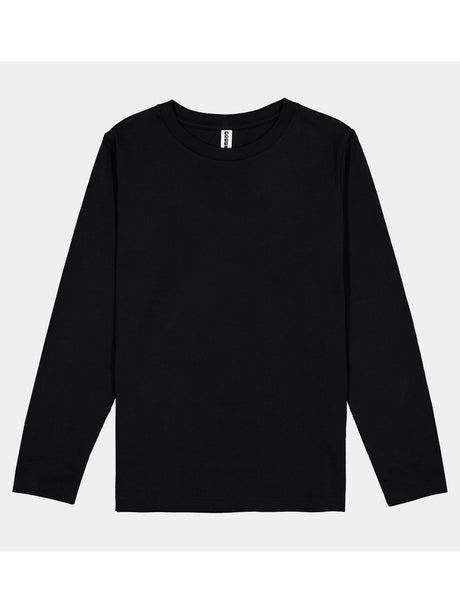 A plain black long-sleeve cotton t-shirt for kids with a ribbed crew neckline.