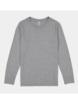 Kids Basis Long Sleeve Tee in heather grey with a ribbed crew neckline and set-in sleeves.