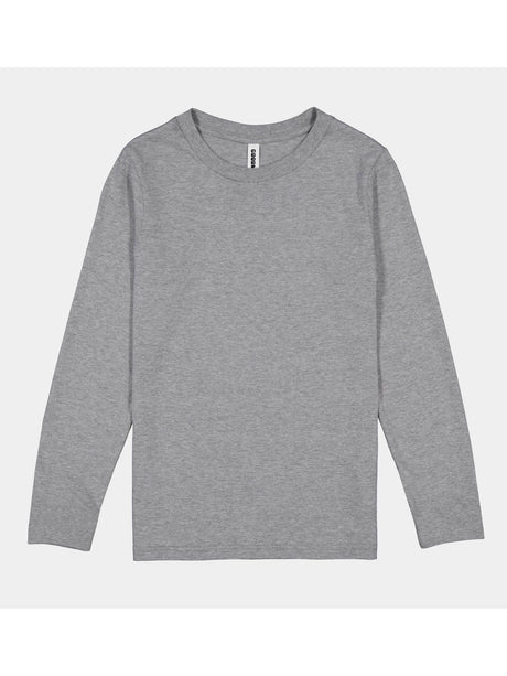 Kids Basis Long Sleeve Tee in heather grey with a ribbed crew neckline and set-in sleeves.