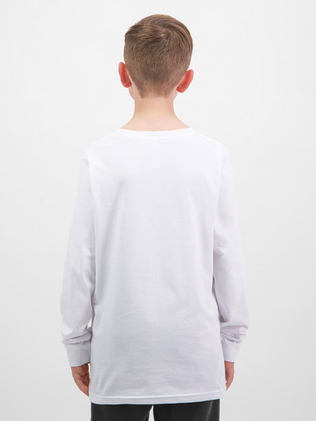 Rear view of a child wearing a white long-sleeve cotton t-shirt with a ribbed crew neck.