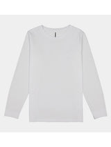 A plain white long-sleeve kids' t-shirt with a ribbed crew neckline and a classic fit.