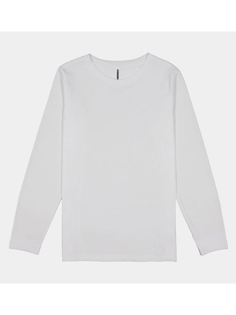 A plain white long-sleeve kids' t-shirt with a ribbed crew neckline and a classic fit.