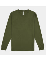 A men's olive green long-sleeve cotton t-shirt with a ribbed crew neckline and a classic fit.