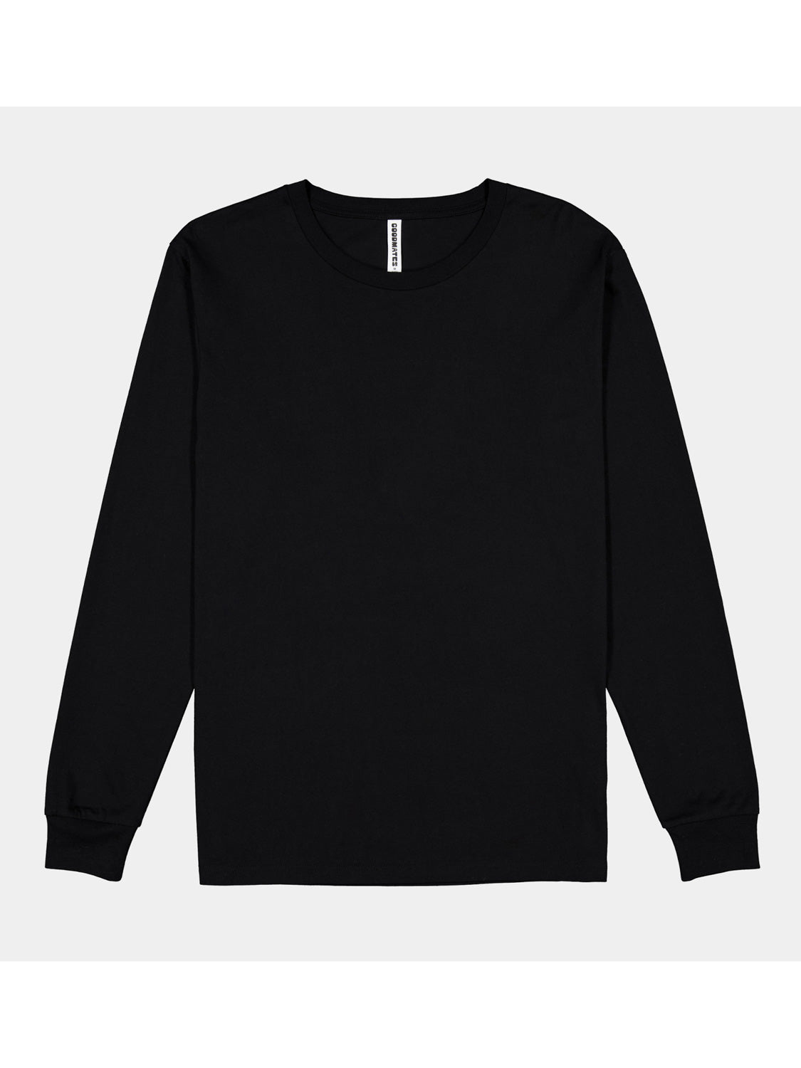 A plain black long-sleeve men's t-shirt with a ribbed crew neck and a white brand tag.