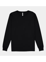 A plain black long-sleeve men's t-shirt with a ribbed crew neck and a white brand tag.