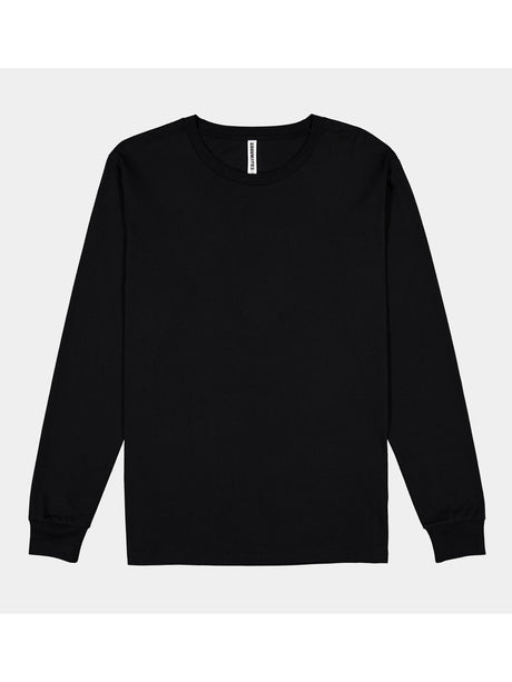 A plain black long-sleeve men's t-shirt with a ribbed crew neck and a white brand tag.