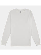A plain white long-sleeve cotton t-shirt for men with a ribbed crew neckline and cuffs.