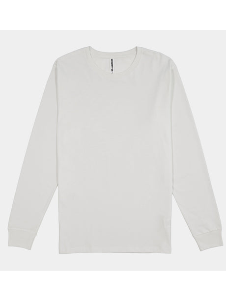 A plain white long-sleeve cotton t-shirt for men with a ribbed crew neckline and cuffs.
