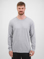 A man wearing a grey long-sleeve cotton crew neck t-shirt against a white background.