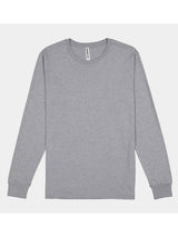 A heather grey men's long sleeve crew neck t-shirt with ribbed cuffs.