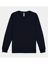 A men's navy blue long-sleeve cotton t-shirt with a ribbed crew neck and cuffs.