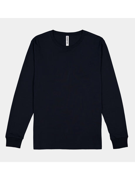 A men's navy blue long-sleeve cotton t-shirt with a ribbed crew neck and cuffs.