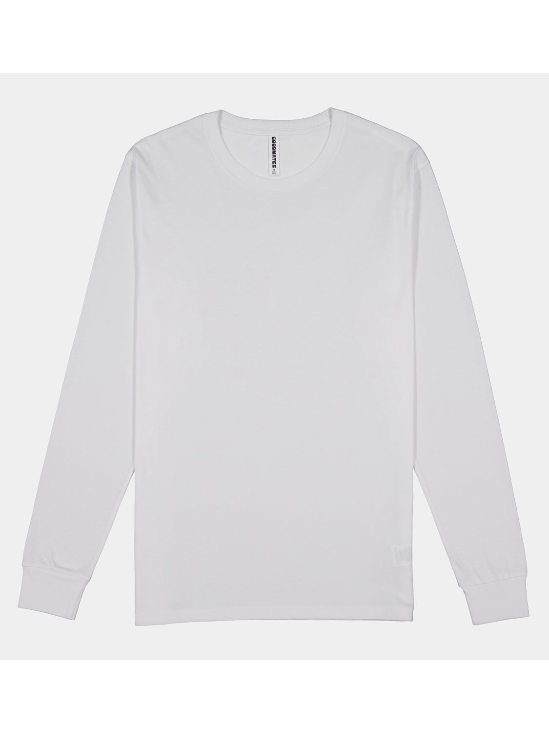A plain white long-sleeve cotton t-shirt for men with a ribbed crew neck and cuffs.