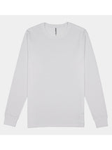 A plain white long-sleeve cotton t-shirt for men with a ribbed crew neck and cuffs.