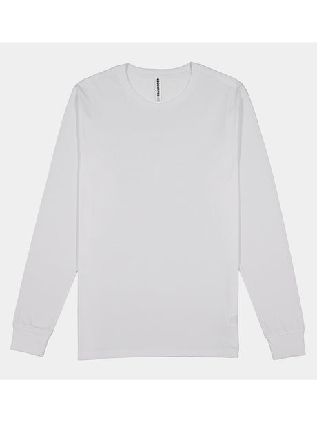 A plain white long-sleeve cotton t-shirt for men with a ribbed crew neck and cuffs.