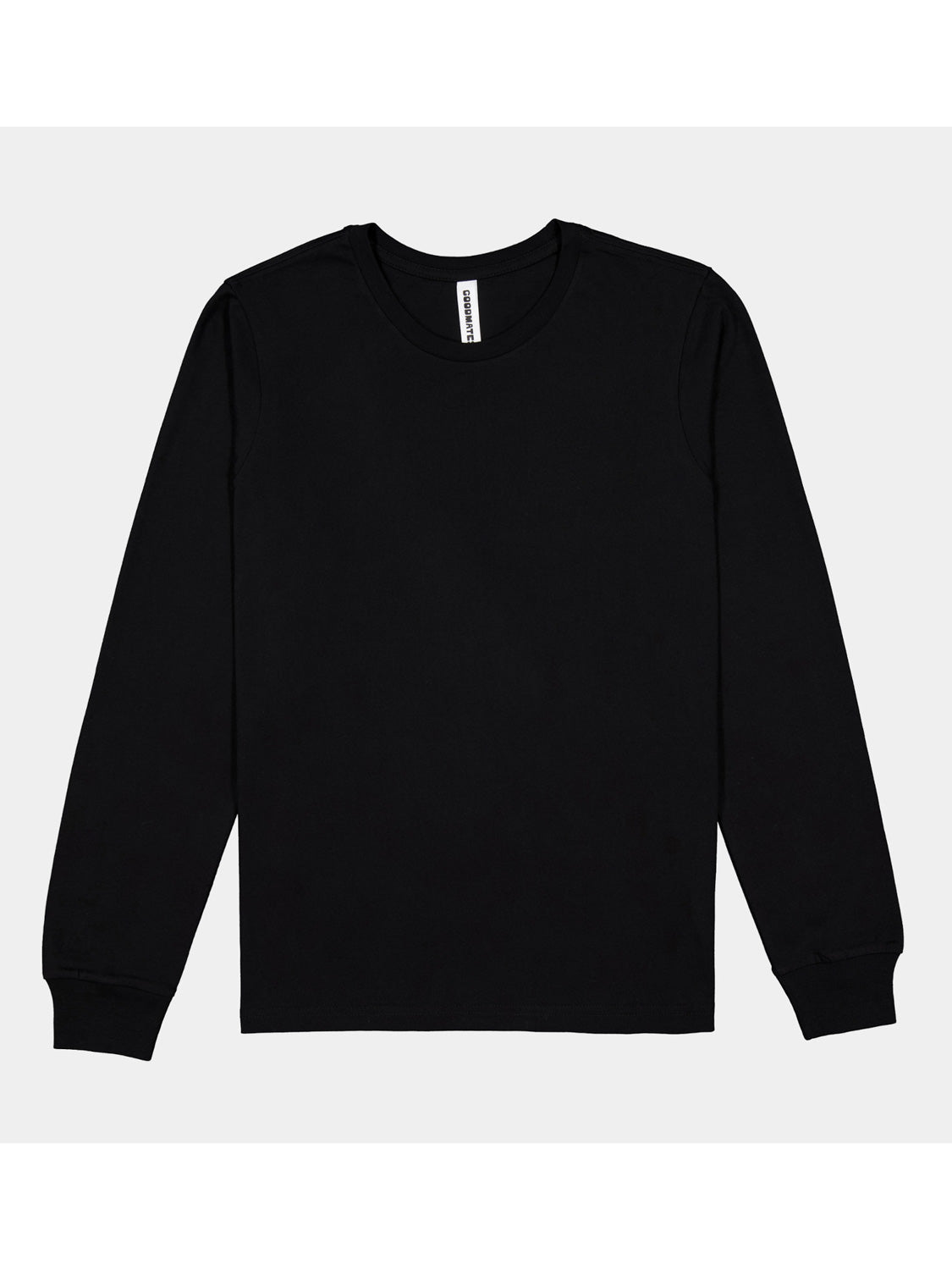 A plain black women's long-sleeve cotton t-shirt with a ribbed crew neck and cuffs.
