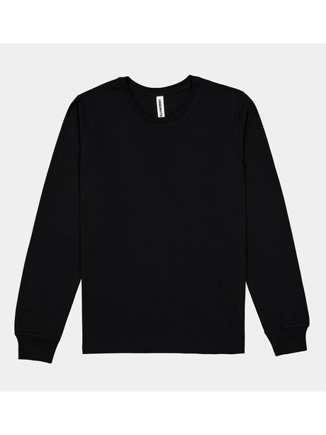 A plain black women's long-sleeve cotton t-shirt with a ribbed crew neck and cuffs.