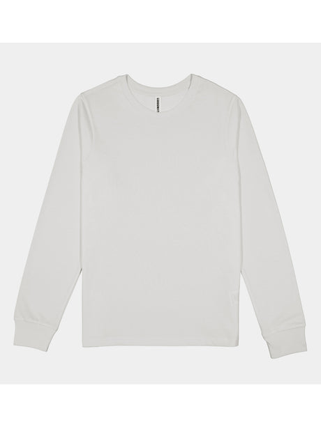 A plain white women's long sleeve cotton t-shirt with a ribbed crew neck and cuffs.