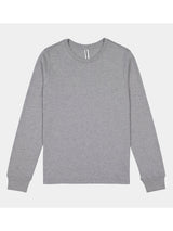 A grey, long-sleeve cotton t-shirt for women with a ribbed crew neck and cuffs.