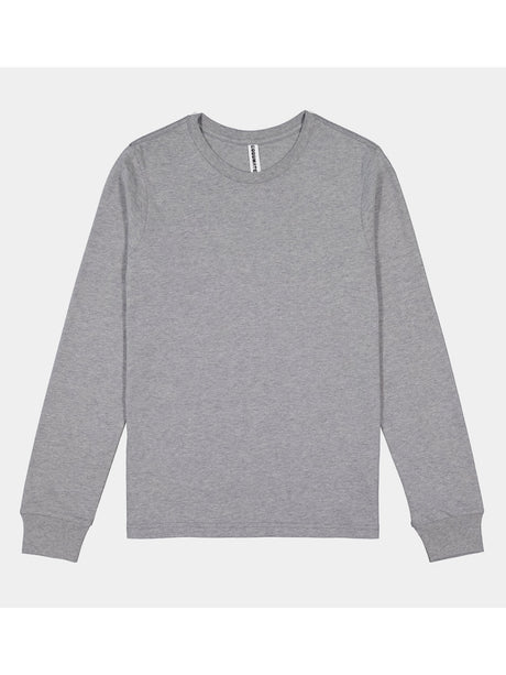 A grey, long-sleeve cotton t-shirt for women with a ribbed crew neck and cuffs.