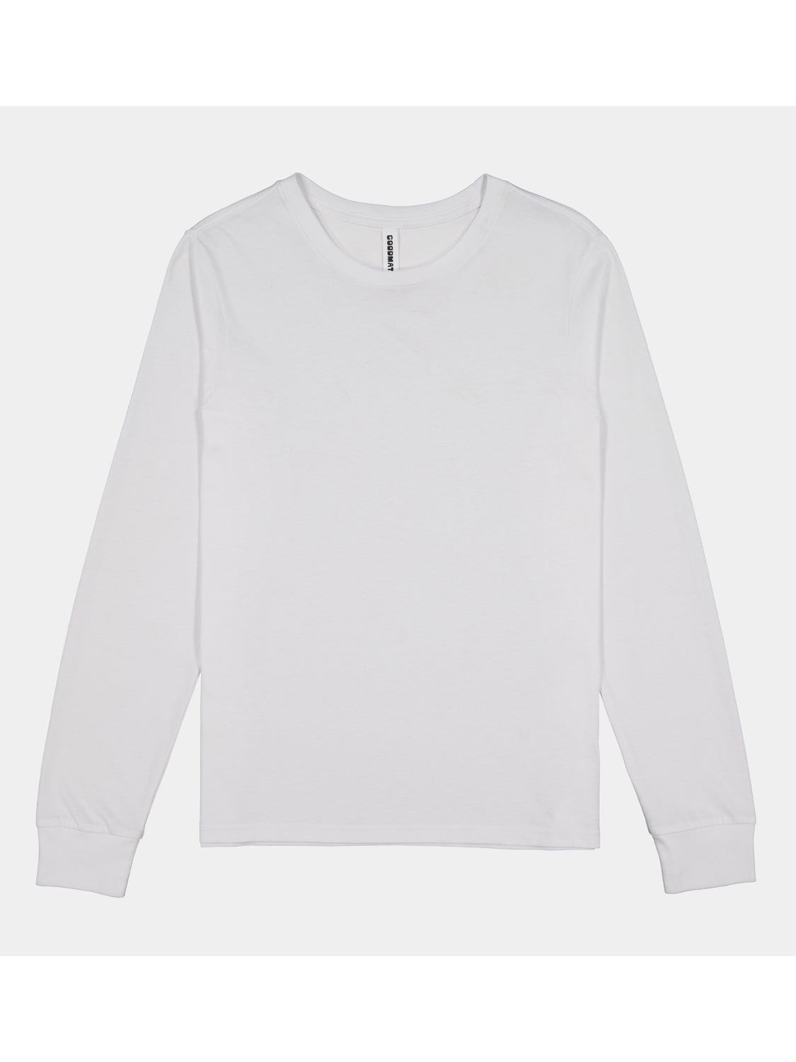 A plain white women's long sleeve cotton t-shirt with a ribbed crew neck and cuffs.