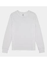 A plain white women's long sleeve cotton t-shirt with a ribbed crew neck and cuffs.