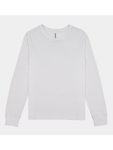 A plain white women's long sleeve cotton t-shirt with a ribbed crew neck and cuffs.