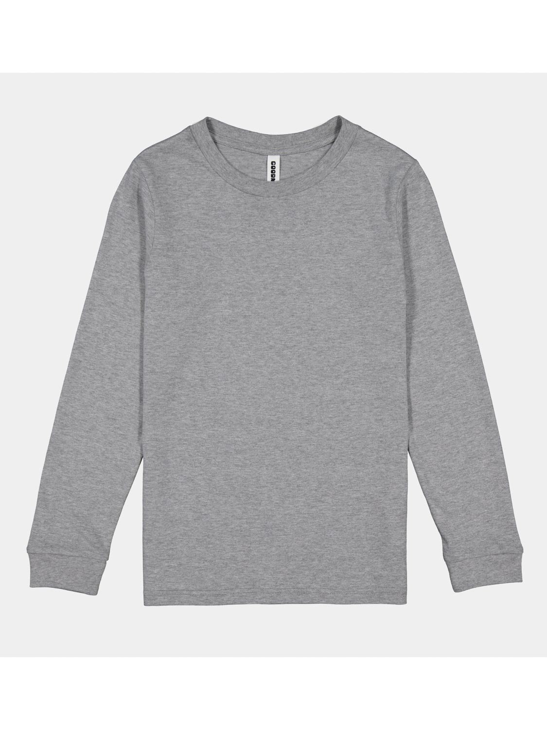 Youth Basis Long Sleeve Tee in heather grey with a ribbed crew neck and set-in sleeves.