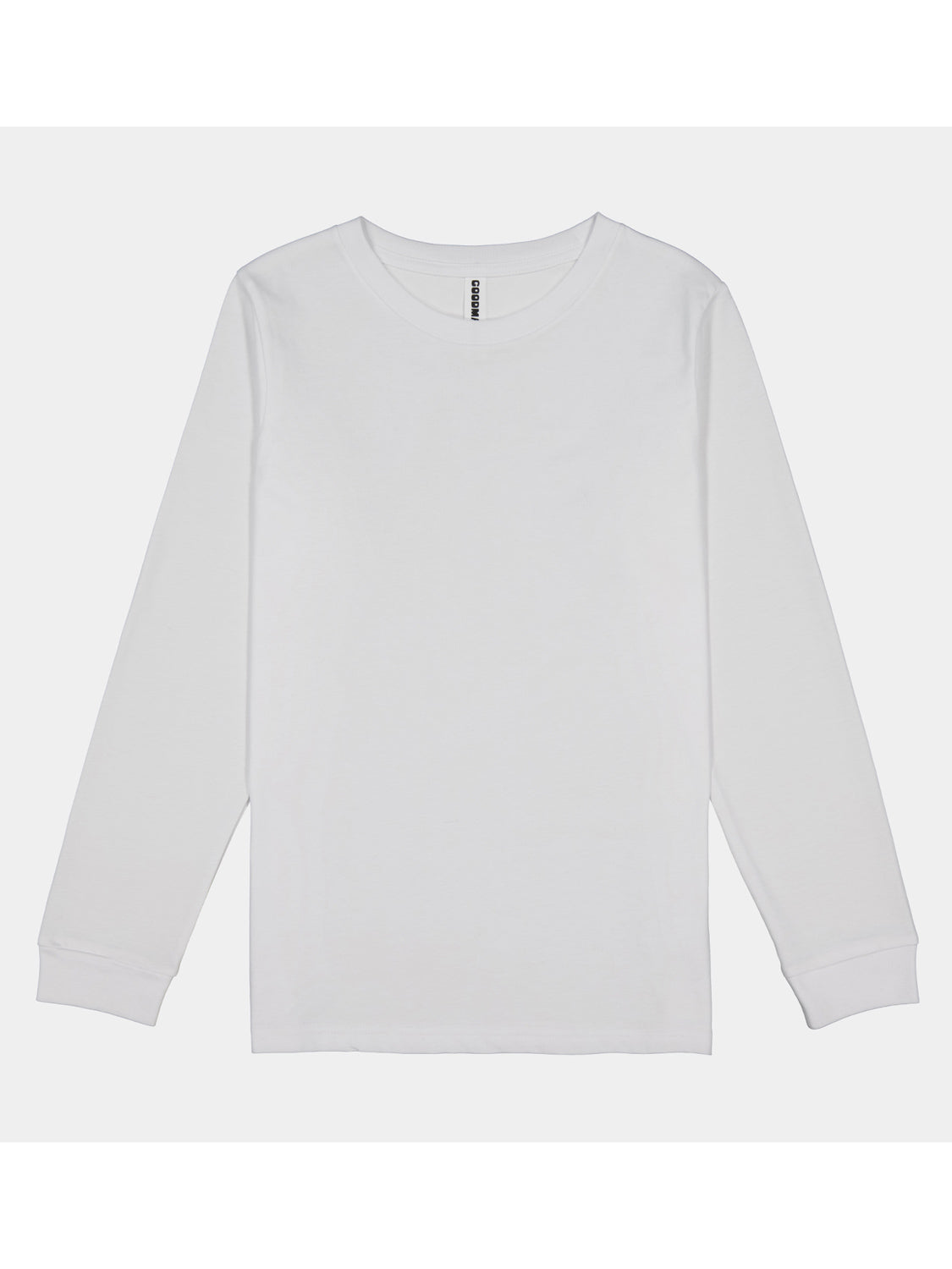 A plain white youth long-sleeve t-shirt with a ribbed crew neck and a classic fit.