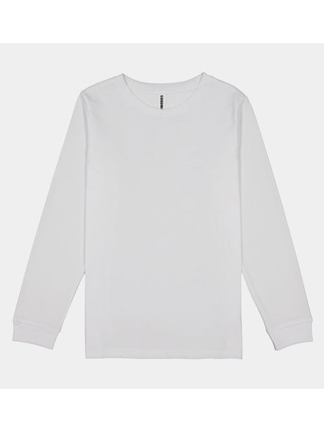A plain white youth long-sleeve t-shirt with a ribbed crew neck and a classic fit.