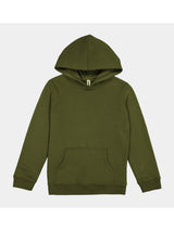 A plain olive green kids' hoodie with a front kangaroo pocket and ribbed cuffs.