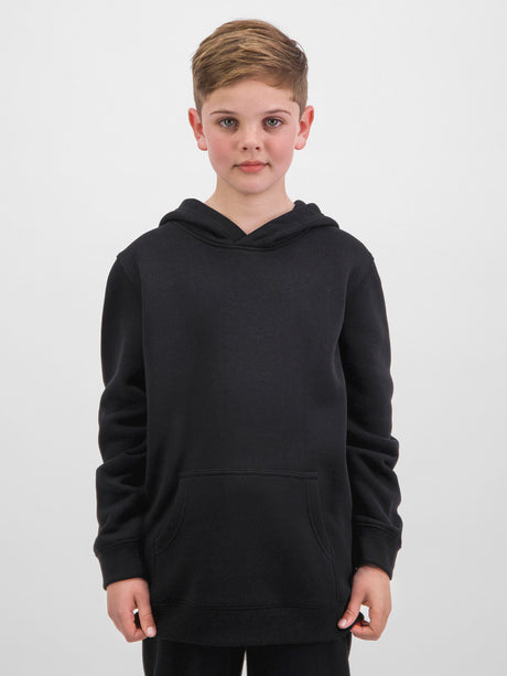 A young boy wearing a classic black kids' hoodie with a front kangaroo pocket and ribbed cuffs.