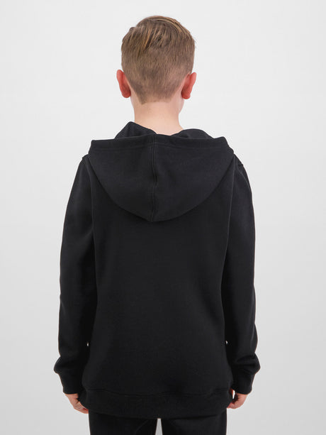 Rear view of a child wearing a black hooded sweatshirt with ribbed cuffs and hem.