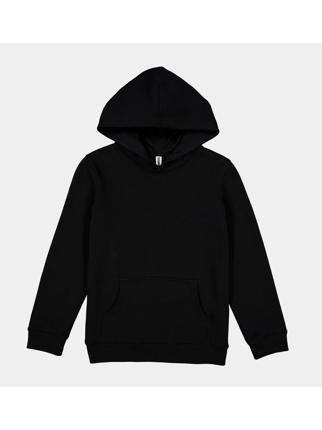 A plain black kids' hoodie with a front kangaroo pocket and ribbed cuffs.