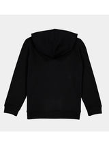 Back view of a plain black kids' hoodie with a hood and ribbed cuffs and hem.