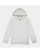 A plain white kids' hoodie with a front kangaroo pocket and ribbed cuffs and hem.