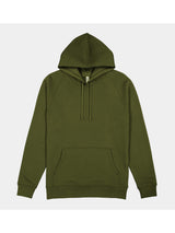 Mens Basis Hoodie in olive green with a front kangaroo pocket and adjustable drawcord hood.