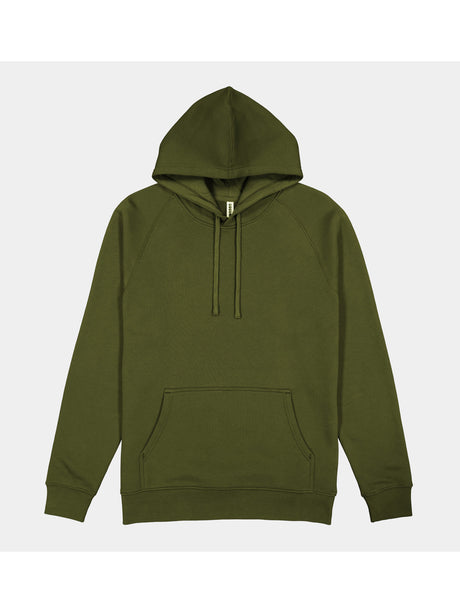 Mens Basis Hoodie in olive green with a front kangaroo pocket and adjustable drawcord hood.