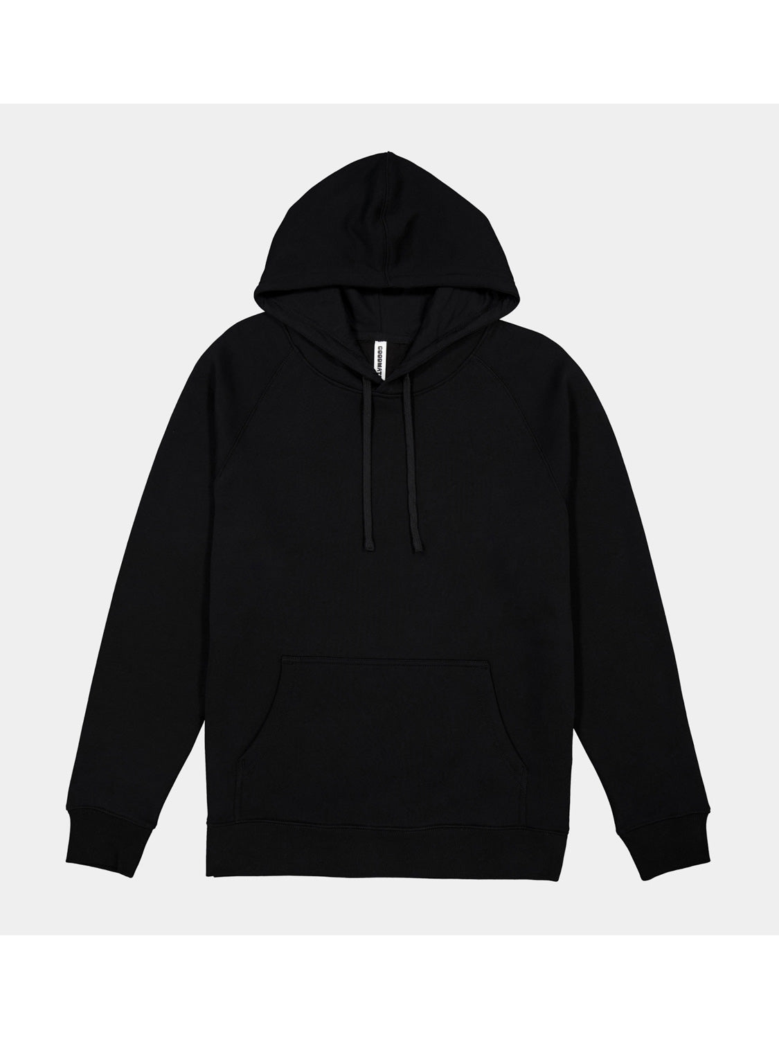 A classic fit black men's hoodie with a front kangaroo pocket and adjustable drawstrings.
