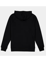 Back view of a plain black men's hoodie with raglan sleeves and ribbed cuffs and hem.