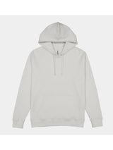 A plain white men's basis hoodie with a front kangaroo pocket and adjustable drawstrings.