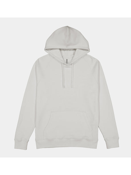 A plain white men's basis hoodie with a front kangaroo pocket and adjustable drawstrings.