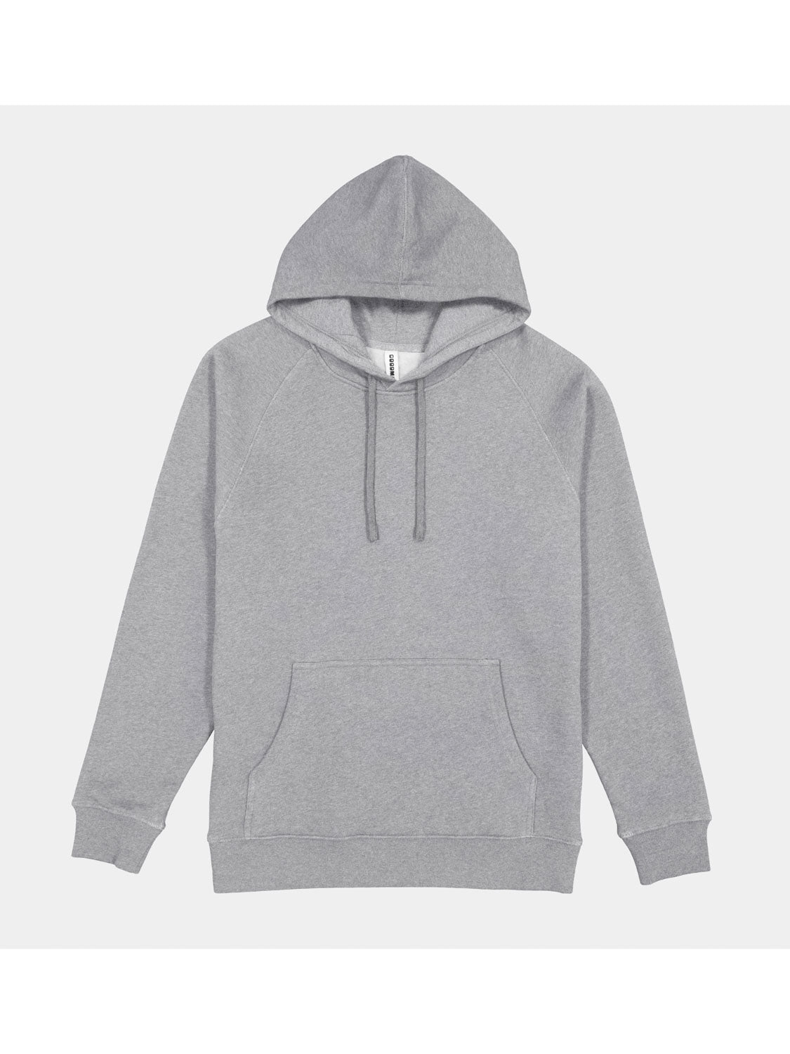 A heather grey men's basis hoodie with a front kangaroo pocket and adjustable drawstrings.