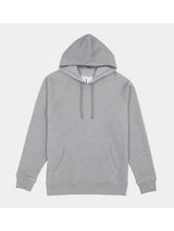 A heather grey men's basis hoodie with a front kangaroo pocket and adjustable drawstrings.