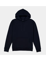 A navy blue men's basis hoodie with a front kangaroo pocket and adjustable drawstrings.